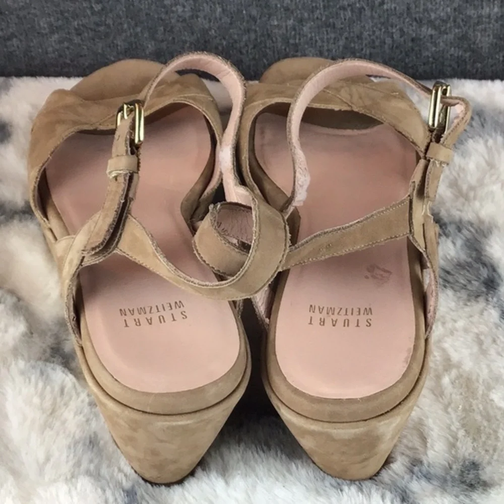 Stuart Weitzman Tan Platform Suede Sandals with Crossover Design Sz 10.5‎